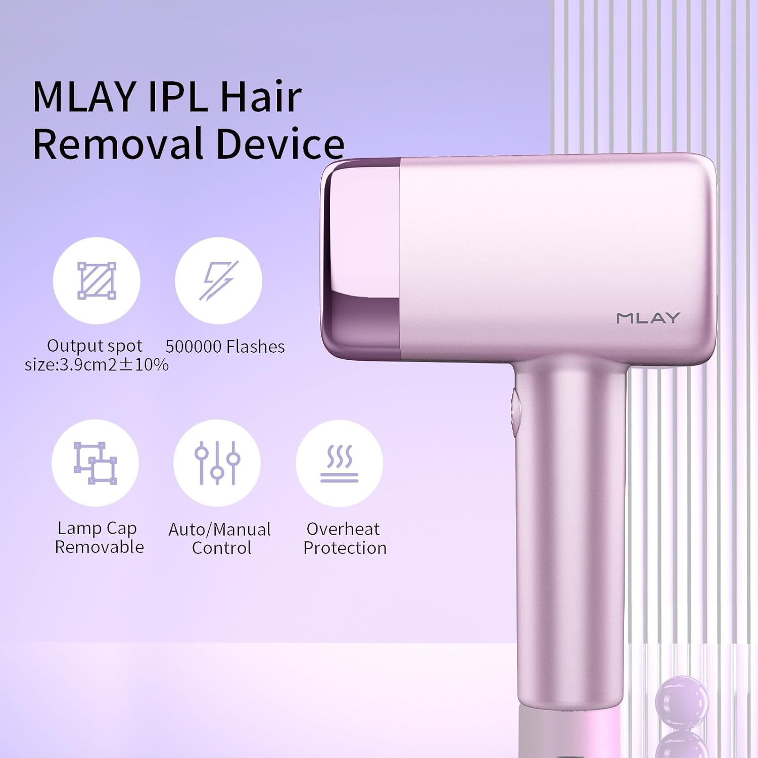 MLAY IPL hair removal device on a light purple background with features listed.